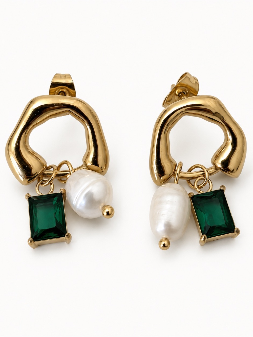 18K Gold Green Stone Pearl Drop Earrings